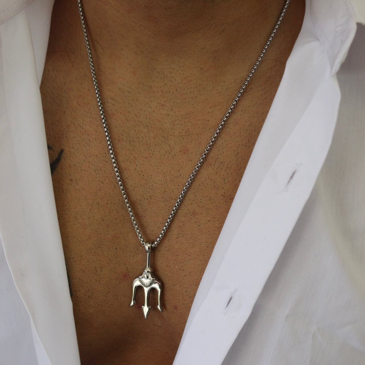 Trident Long Silver Necklace - Men