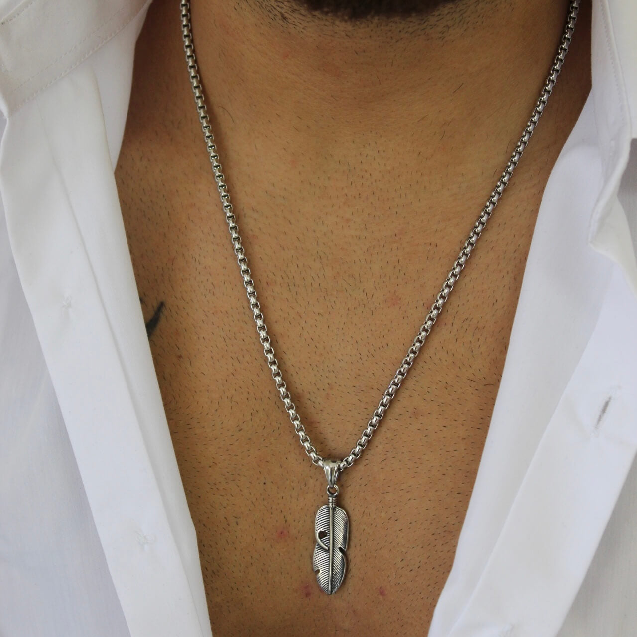 Feather Silver Pendant Necklace - Men