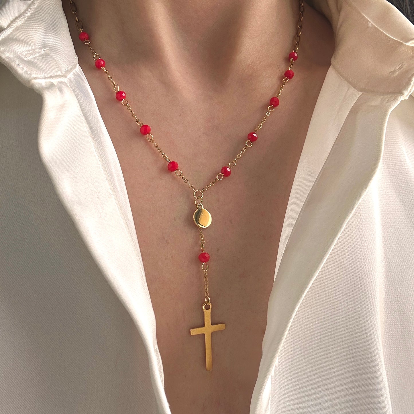 Red Cross Rosary Necklace
