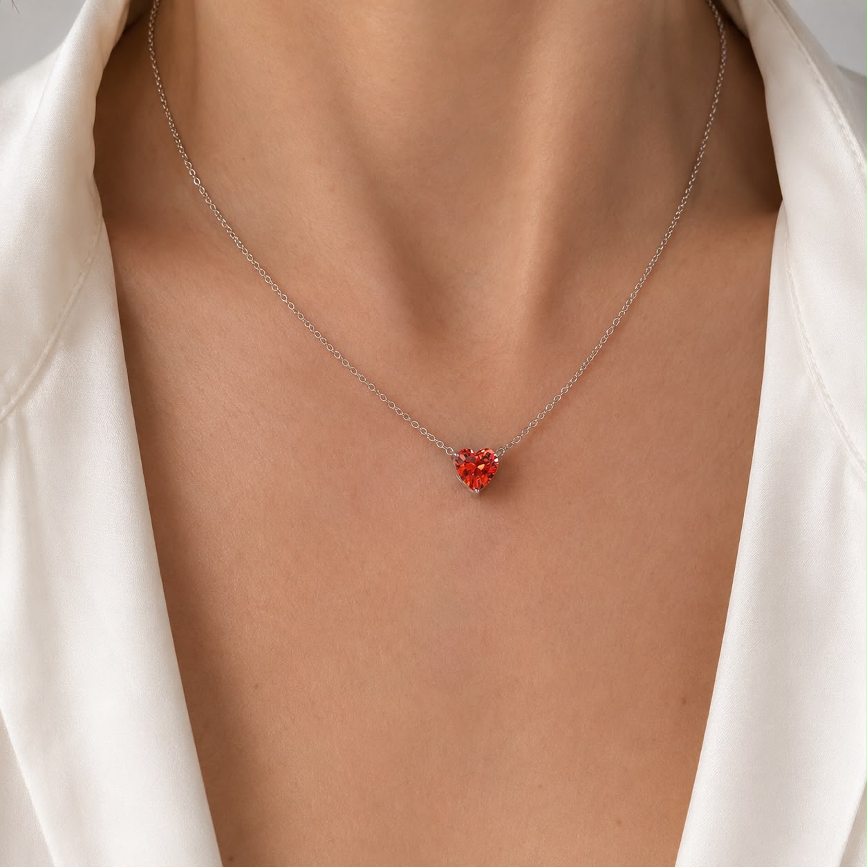 Red Heart Charm Necklace Silver