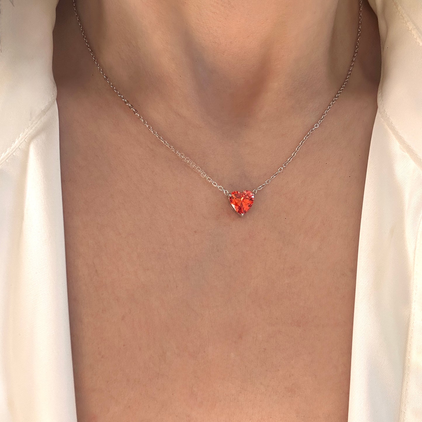 Red Heart Charm Necklace Silver