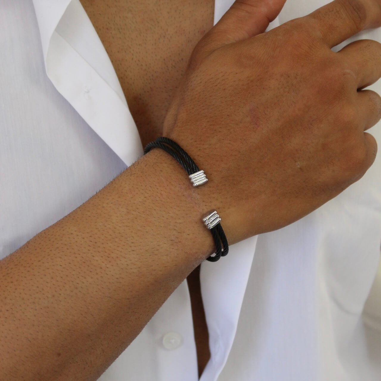 Silver On Black Bangle - Men