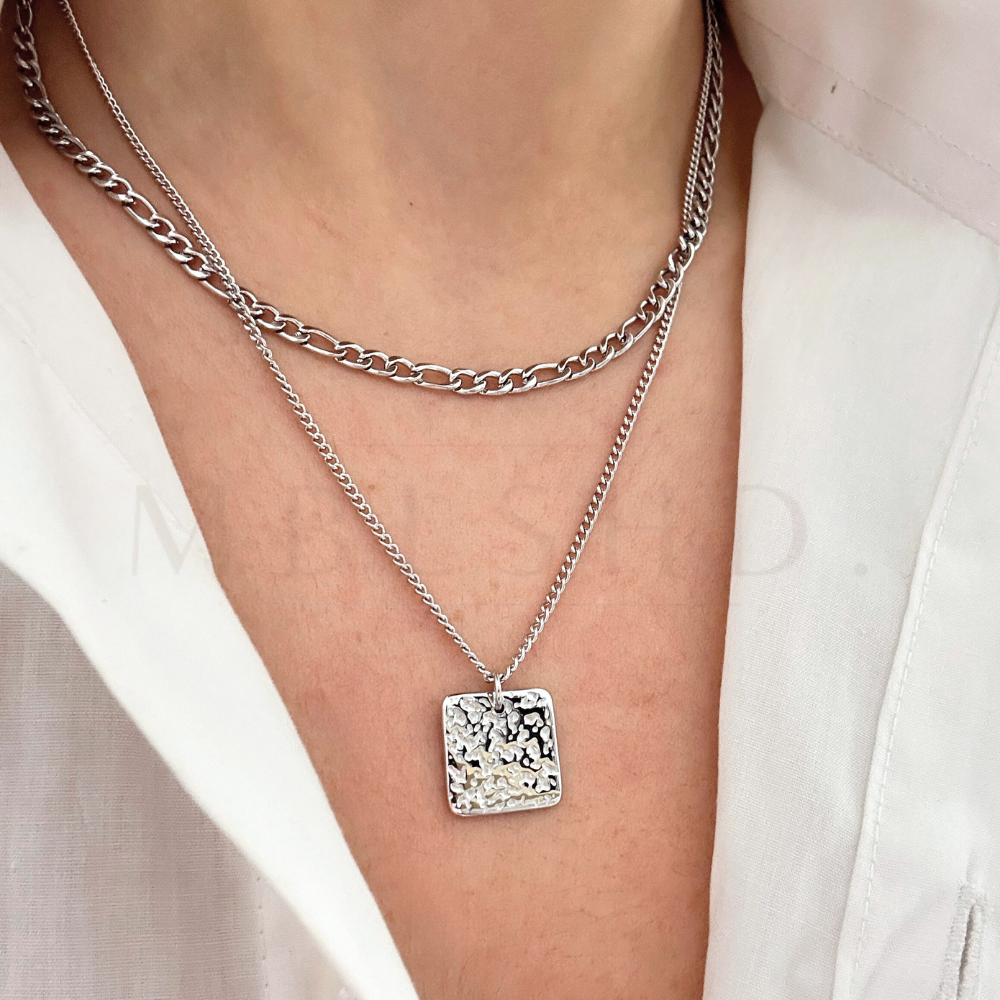 Square Pendant Layered Necklace Silver