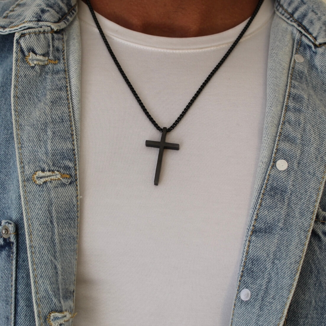 Black Cross Pendant Necklace - Men