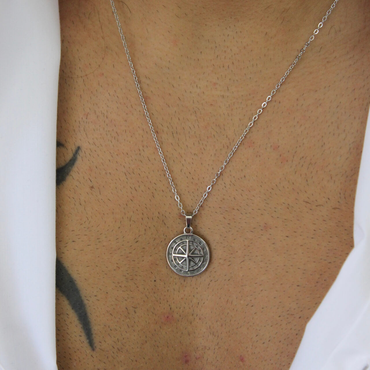 Compass Silver Pendant Necklace - Men