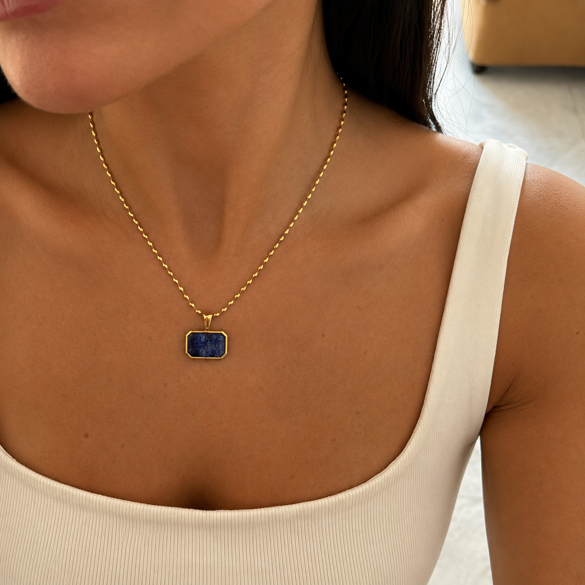Navy Stone Rectangle Necklace