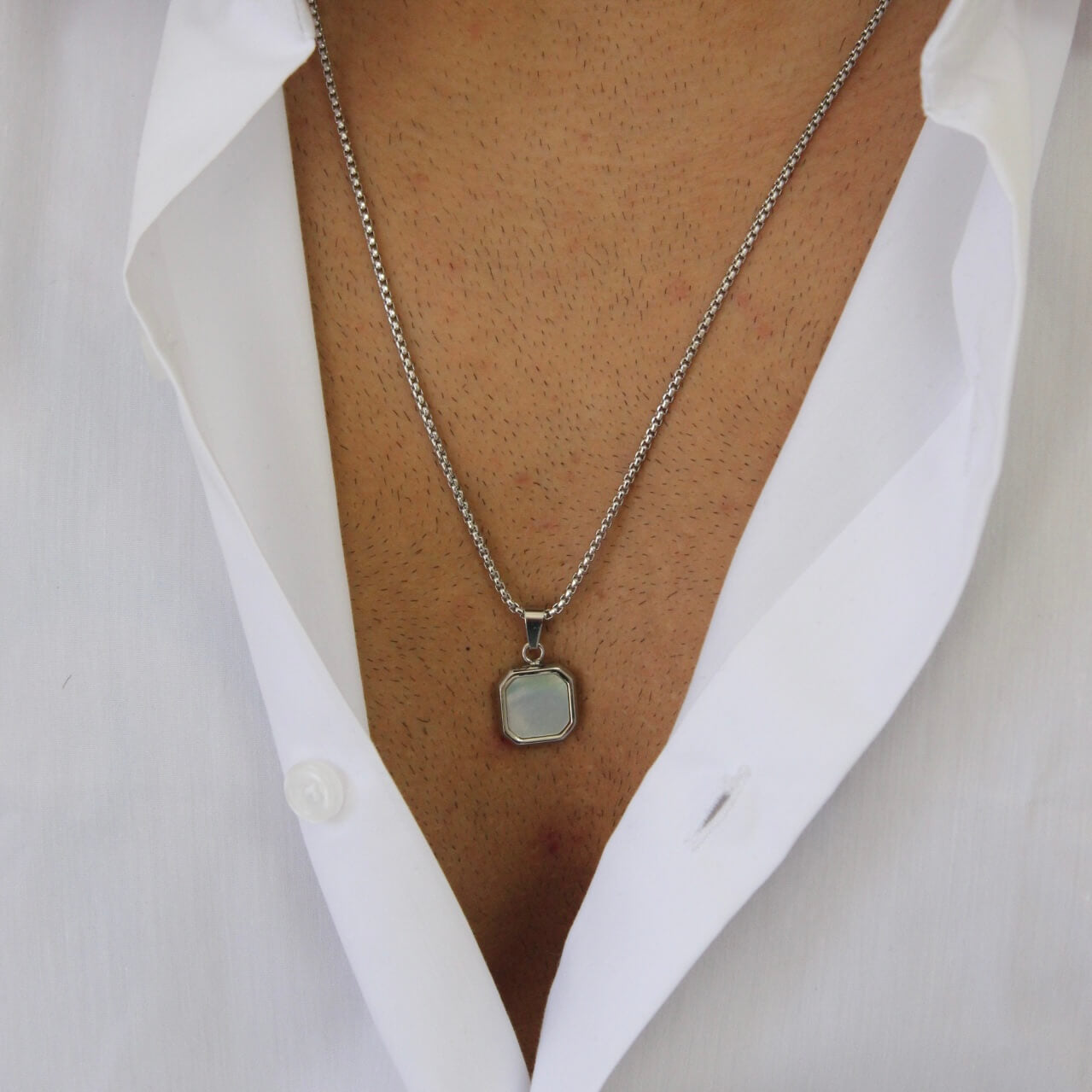 White On Silver Pendant Necklace - Men