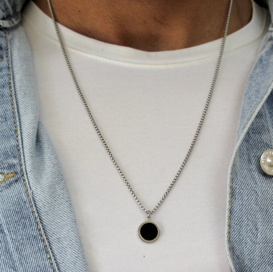 Round Black Pendant Necklace - Men