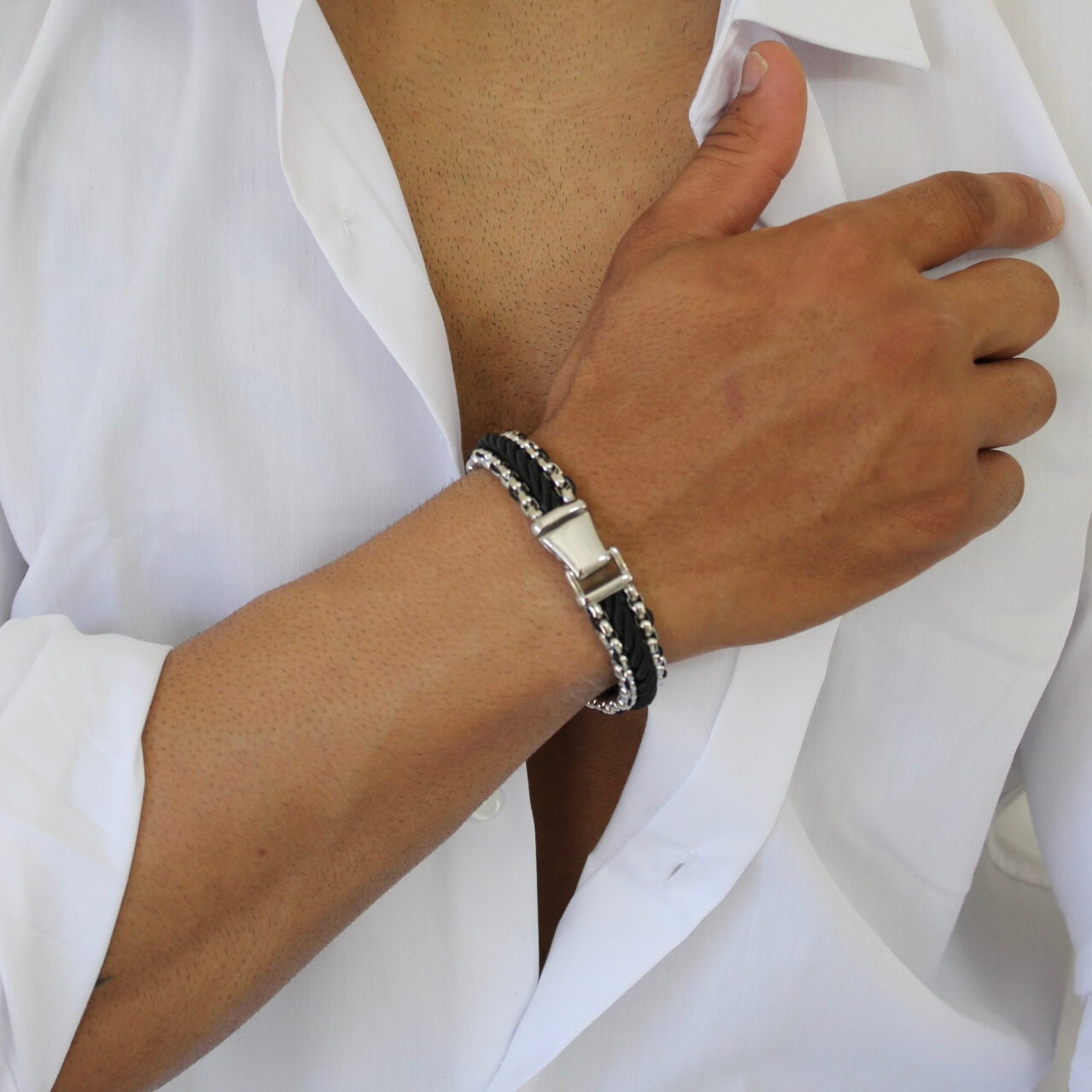 Silver On Black Braided Bracelet - Men