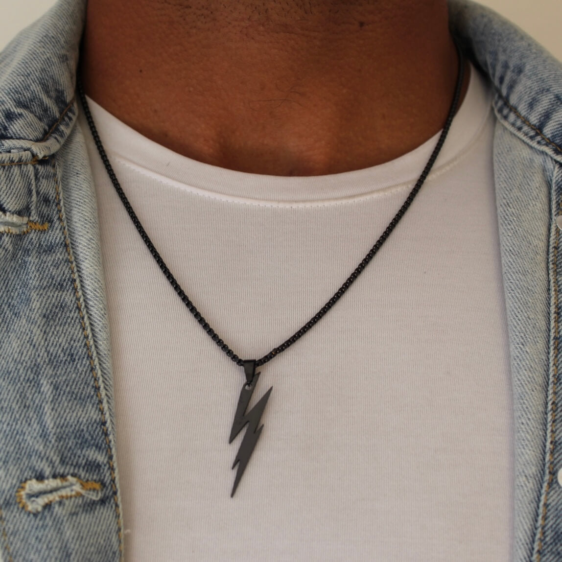 Lightning Bolt Black Pendant Necklace - Men
