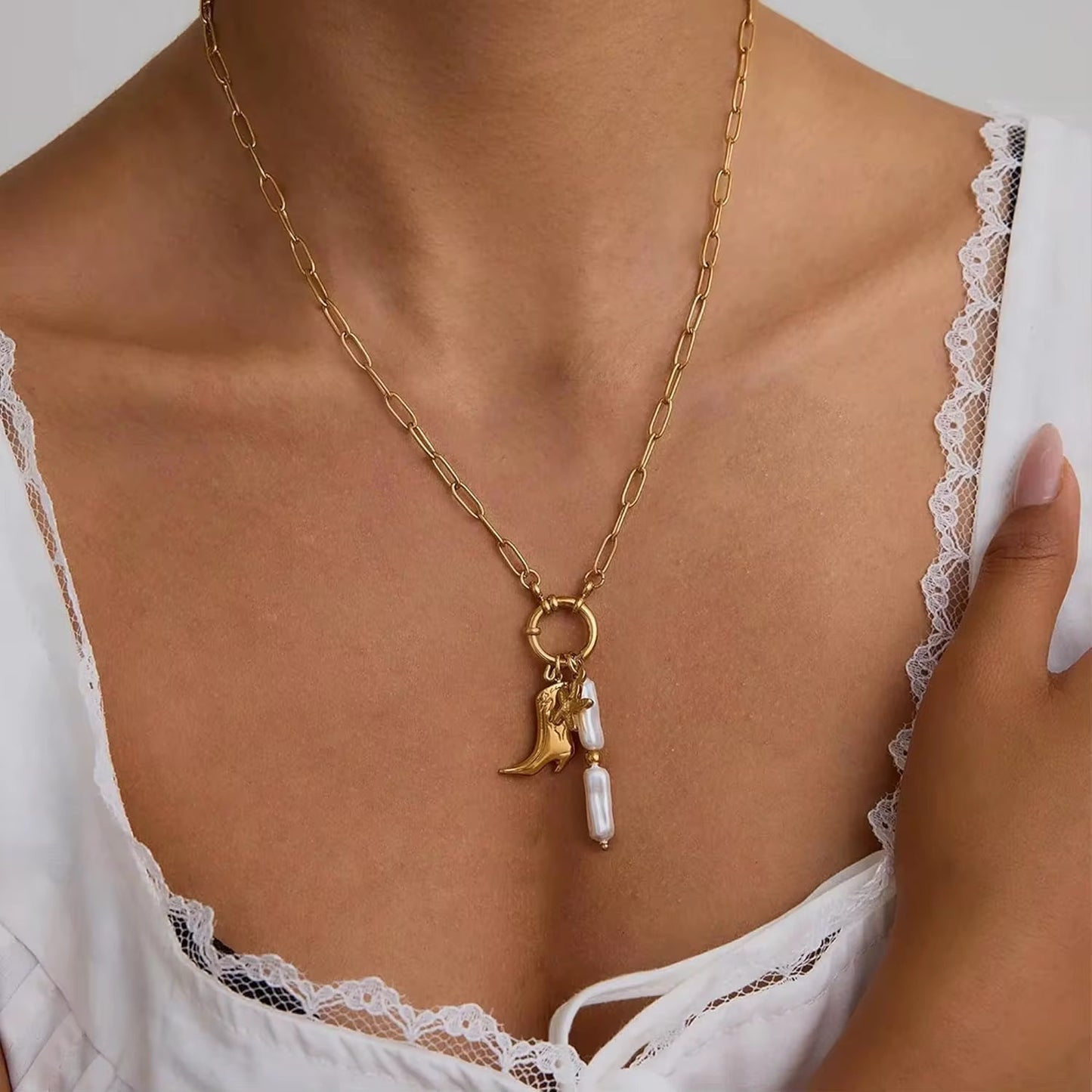 Boots & Pearl Charms Necklace