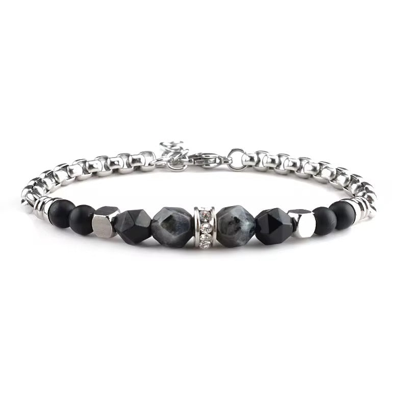 Adjustable Grey & Black Beads - Silver - Men