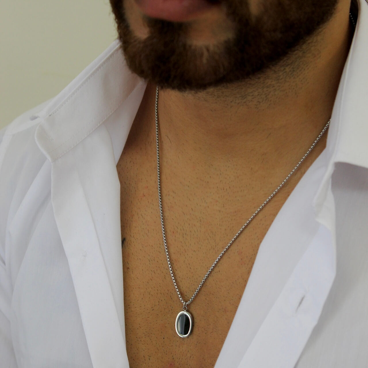 Oval Black Pendant Necklace - Men