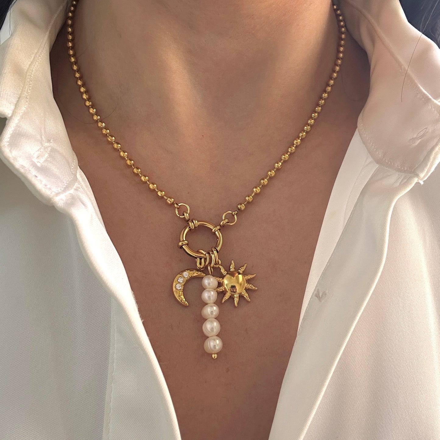 Moon & Star pearl Charms Necklace