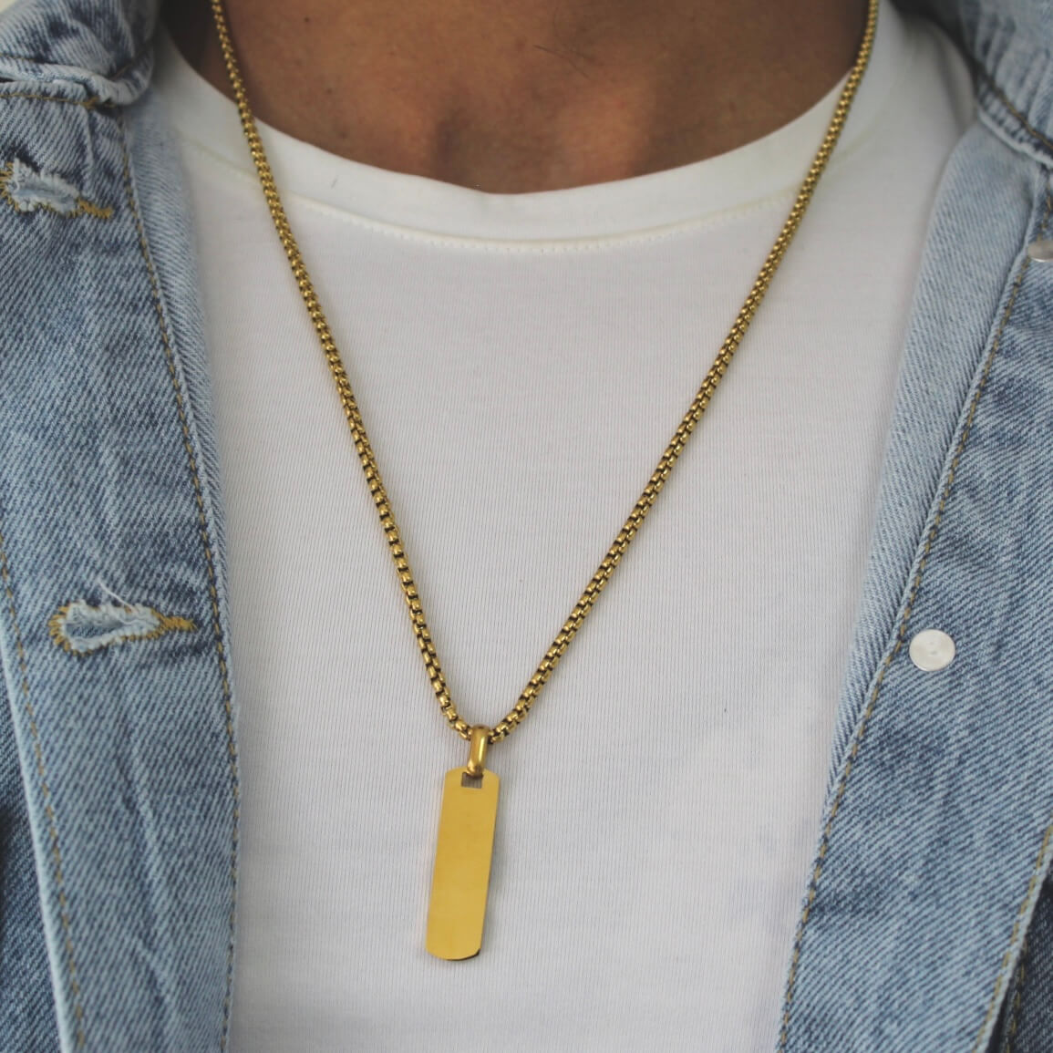 Long Rectangle Gold Necklace - Men