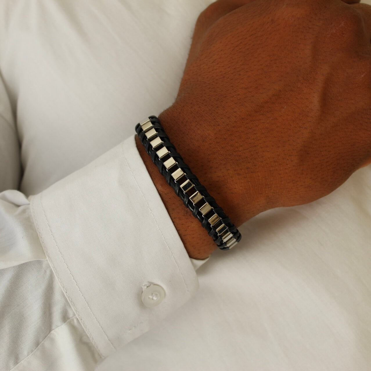 Braided Silver Leather Bracelet- Men