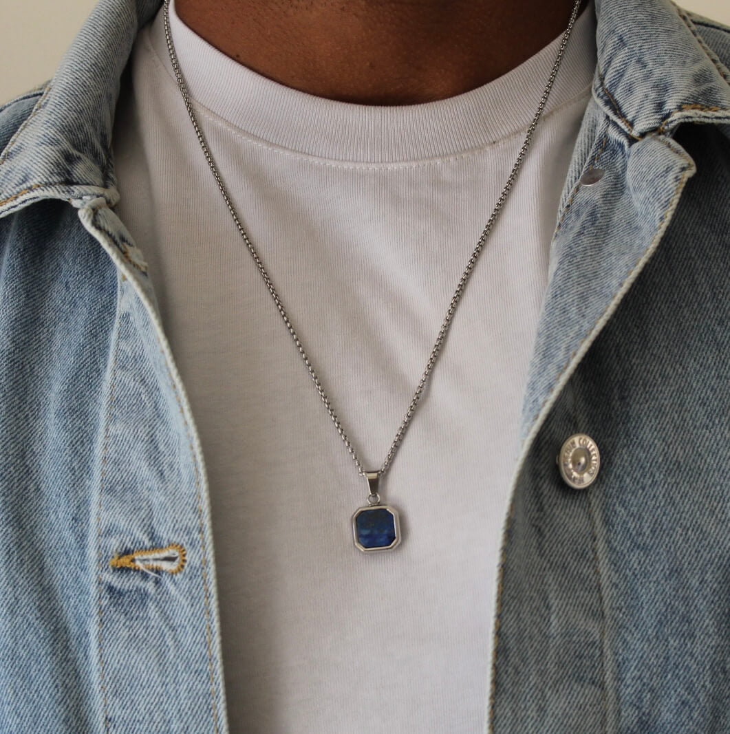 Navy On Silver Pendant Necklace - Men