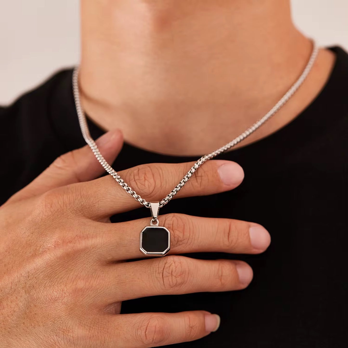 Black On Silver Pendant Necklace - Men