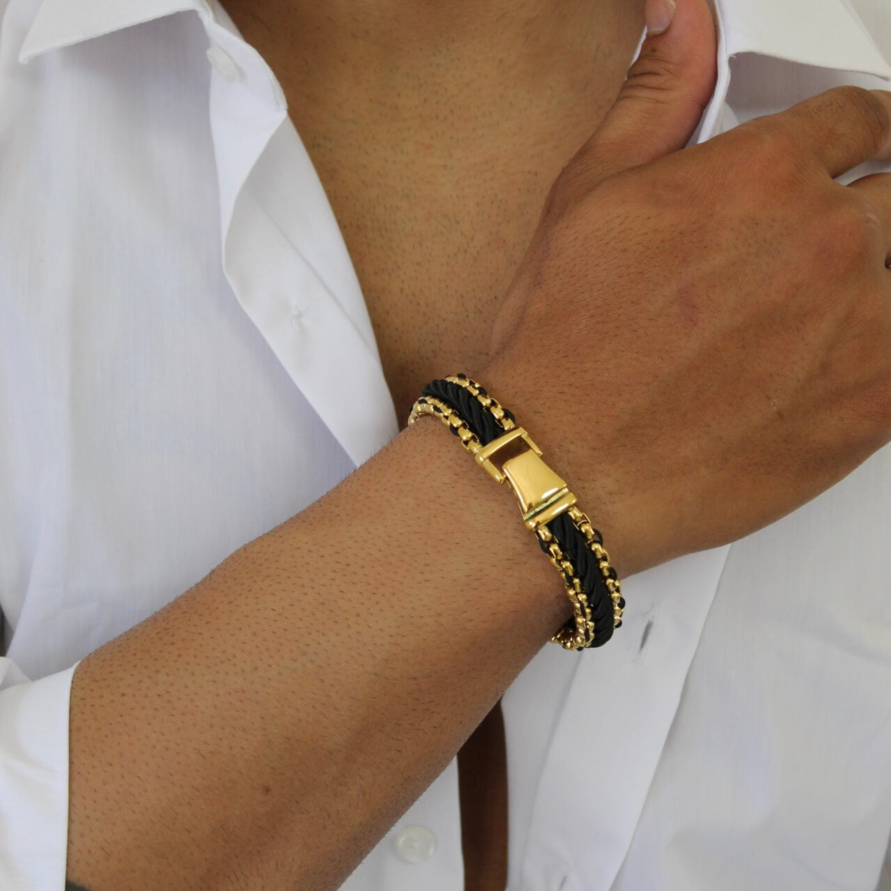 Gold On Black Braided Bracelet - Men