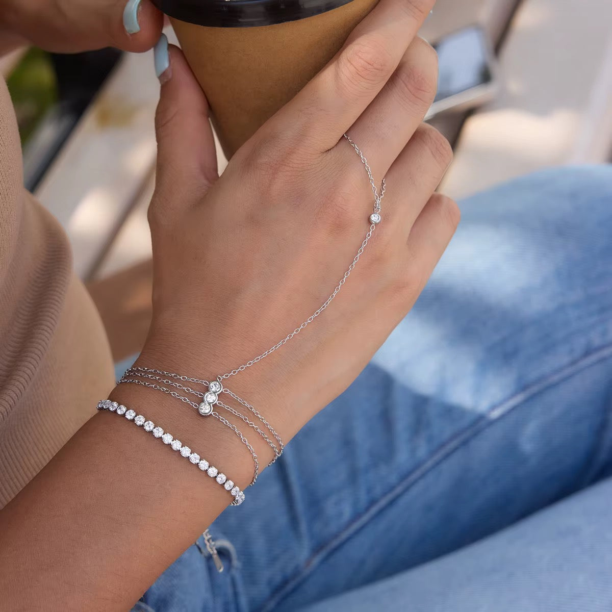 Triple Chain Hand Bracelet Silver