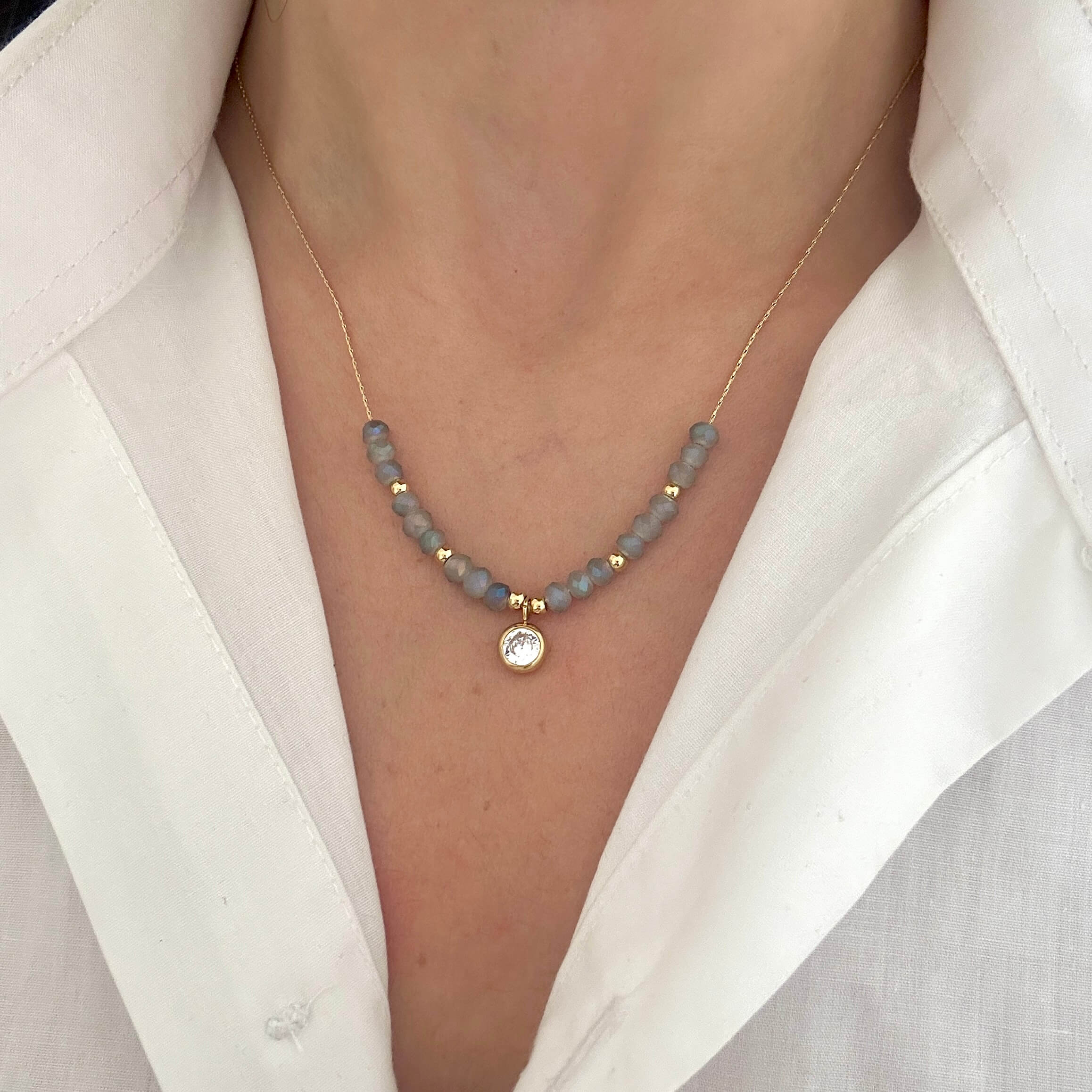 Round Charm Gray Bead Necklace Embellished.co