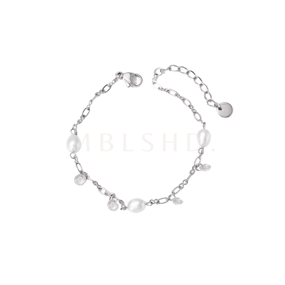 White Stones Pearl Anklet Silver