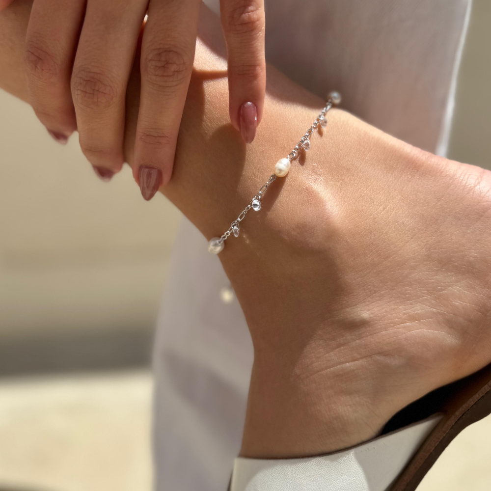White Stones Pearl Anklet Silver