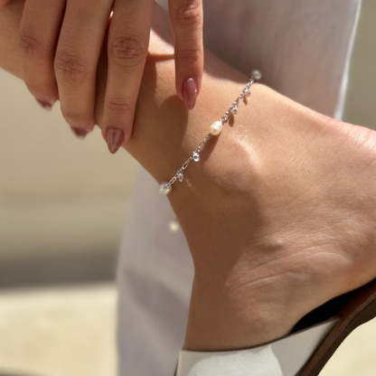 White Stones Pearl Anklet Silver
