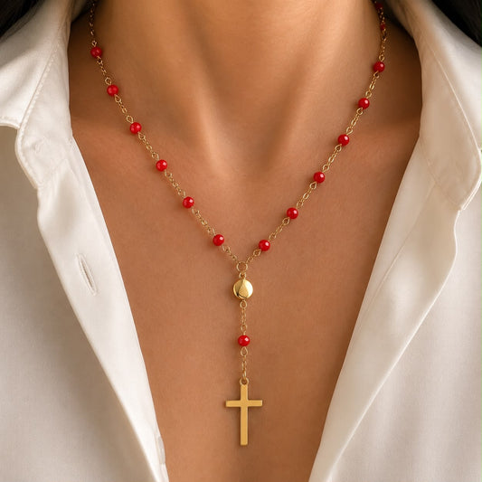 Red Cross Rosary Necklace