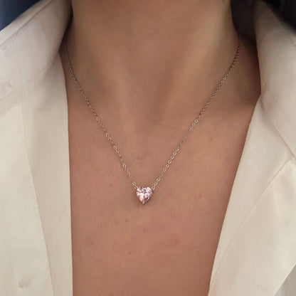 Pink Heart Charm Necklace Silver