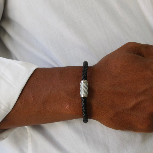 Black And Silver Leather Bracelet- Men