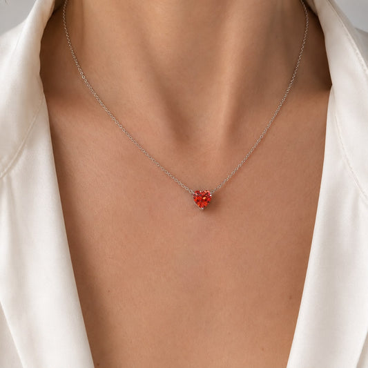 Red Heart Charm Necklace Silver