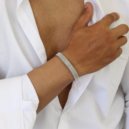 Band Ribbed Silver Bangle - Men