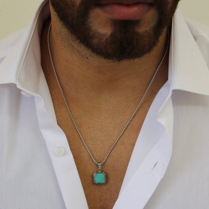 Turquoise On Silver Pendant Necklace - Men