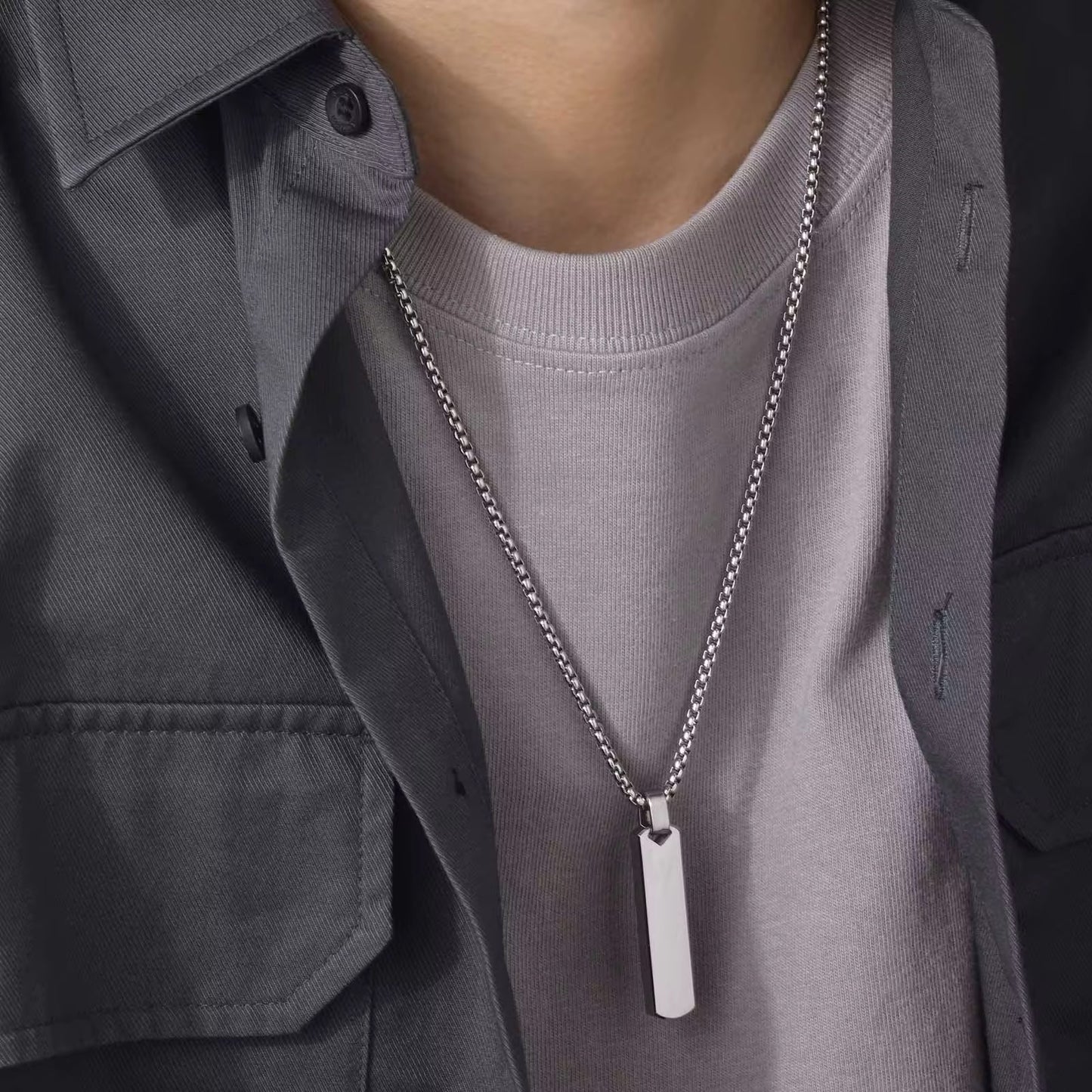 Long Rectangle Silver Necklace - Men