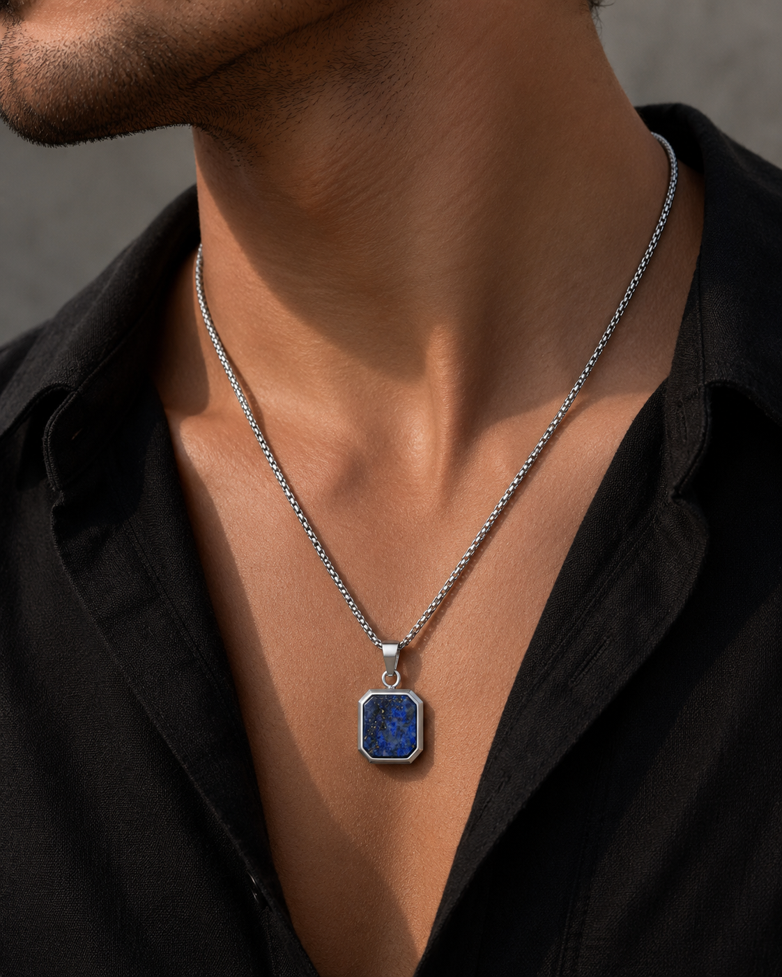 Navy On Silver Pendant Necklace - Men
