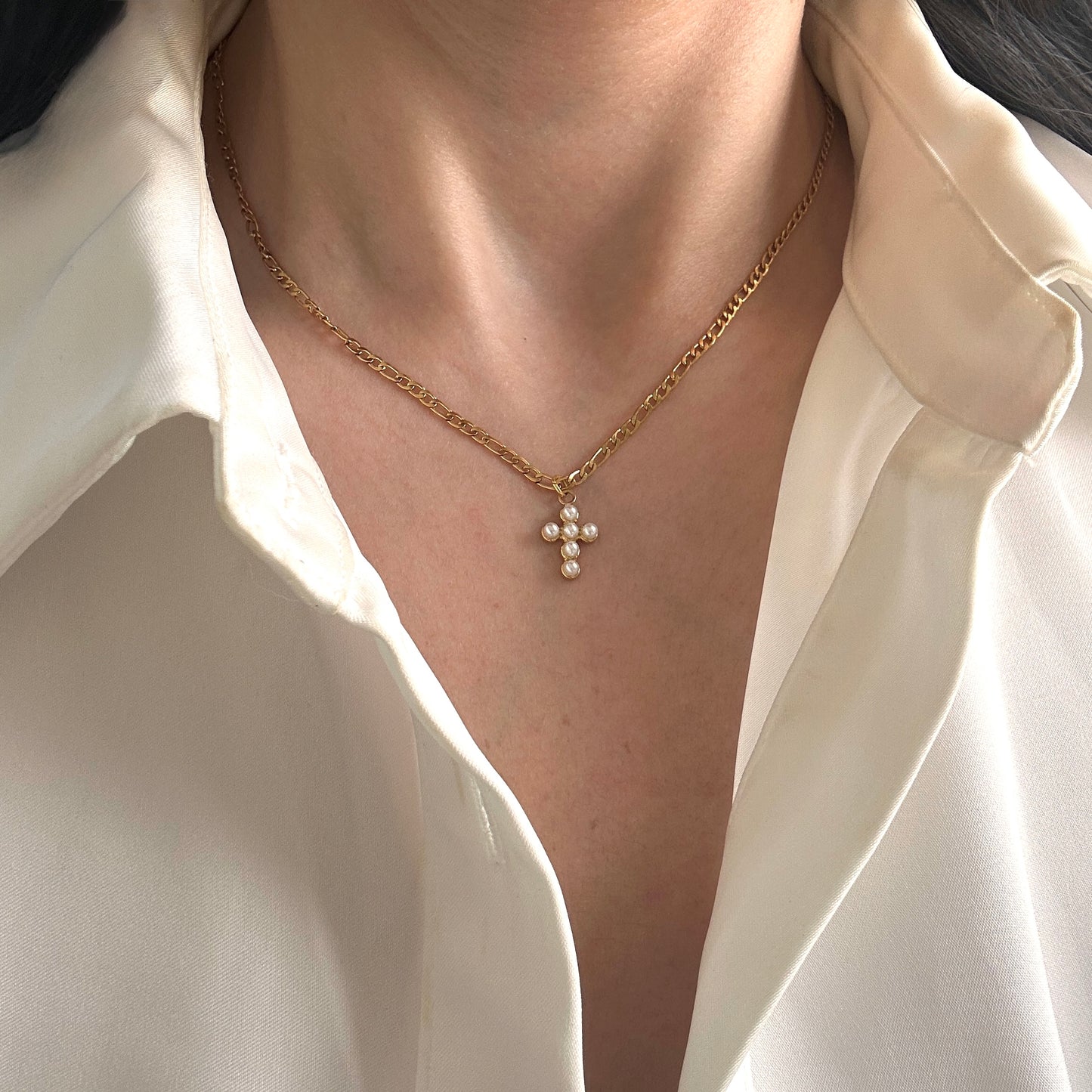 Dainty Pearl Cross Necklace