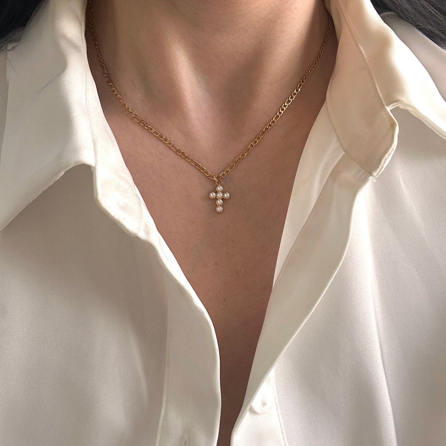 Dainty Pearl Cross Necklace