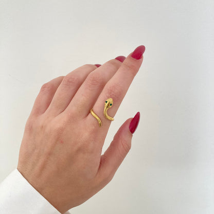 Green Eyed Snake open Ring