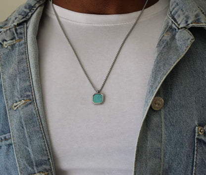 Turquoise On Silver Pendant Necklace - Men