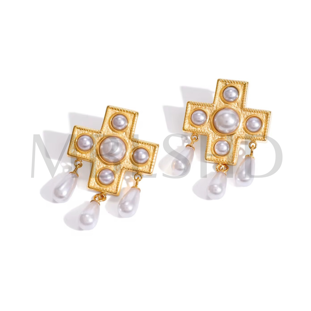Royal Pearl Cross Earrings