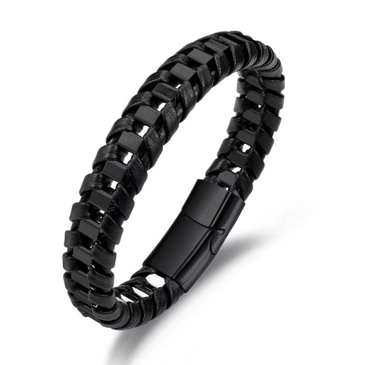 Braided Black Leather Bracelet- Men