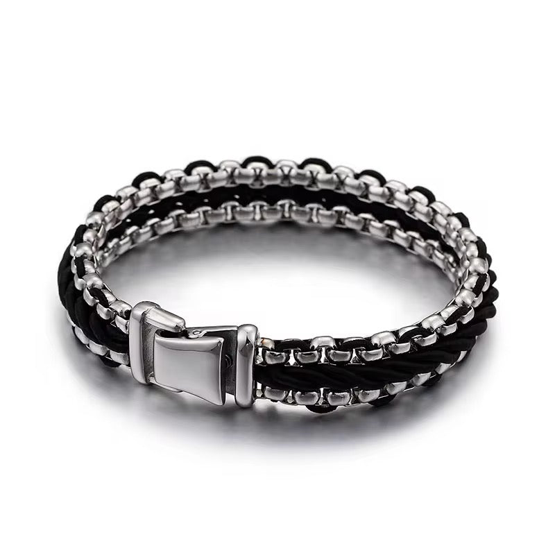 Silver On Black Braided Bracelet - Men