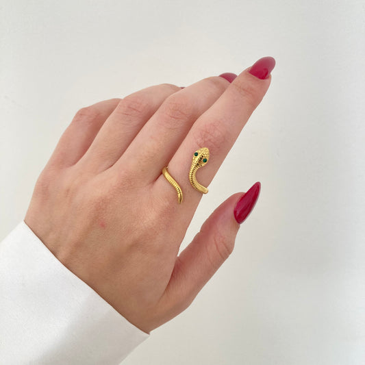 Green Eyed Snake open Ring