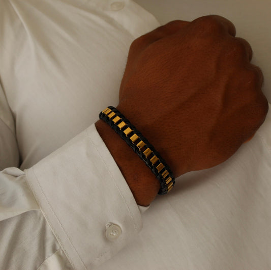 Braided Gold Leather Bracelet- Men