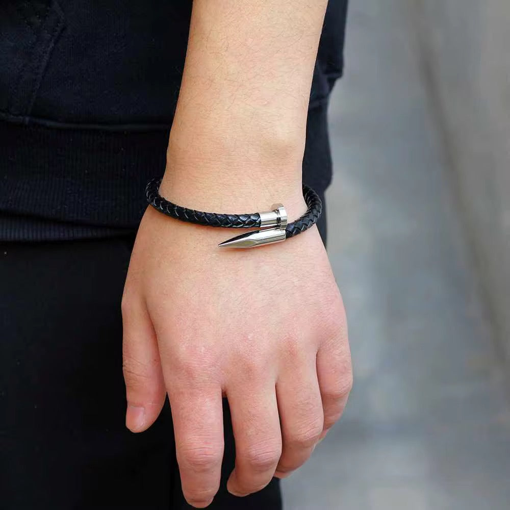 Black Nail Leather Bracelet - Men