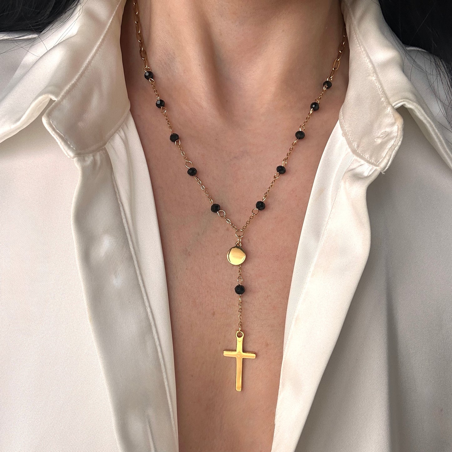 Black Cross Rosary Necklace