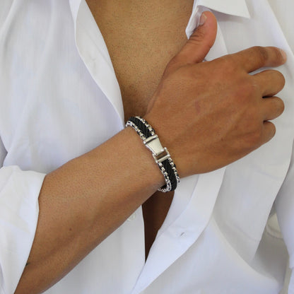 Silver On Black Braided Bracelet - Men