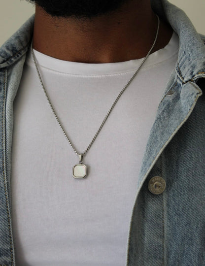 White On Silver Pendant Necklace - Men