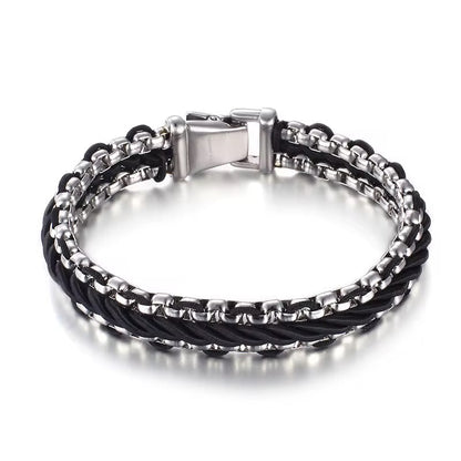 Silver On Black Braided Bracelet - Men